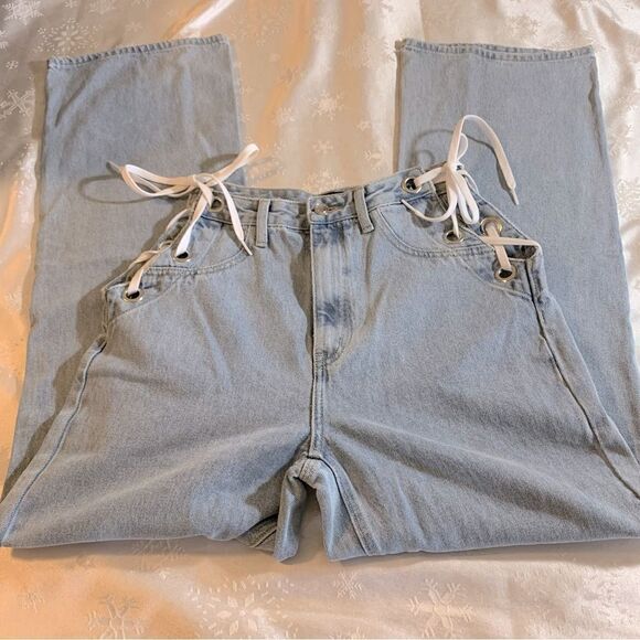 Simple Society Denim Jeans Side Waist Tie Straight Leg Juniors Sz 9 Gorgeous - Picture 1 of 6